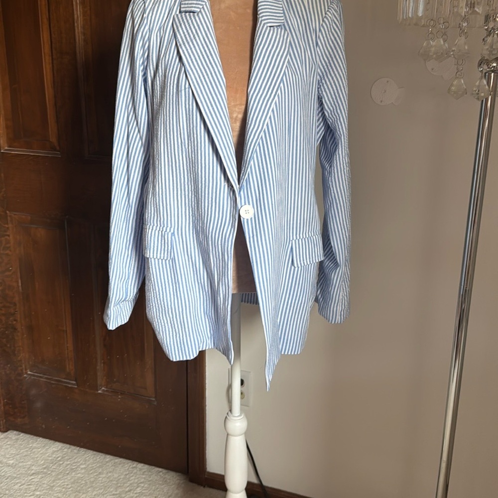 HYFVE Blue and White Striped Seersucker Blazer